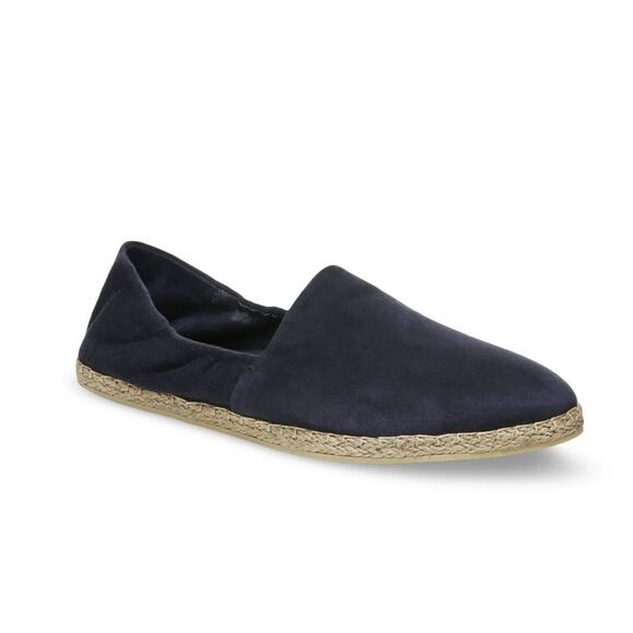 VINCE Womens Navy Leather Espadrille 37.5 Ruched Stretch Meryl Round Toe Slip On - Picture 1 of 11